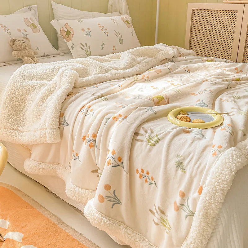 Spring and Autumn Milk Velvet Blanket  Lamb Cashmere Flannel Cartoon Blanket Bed Single Student Dormitory Coral Velvet Quilt