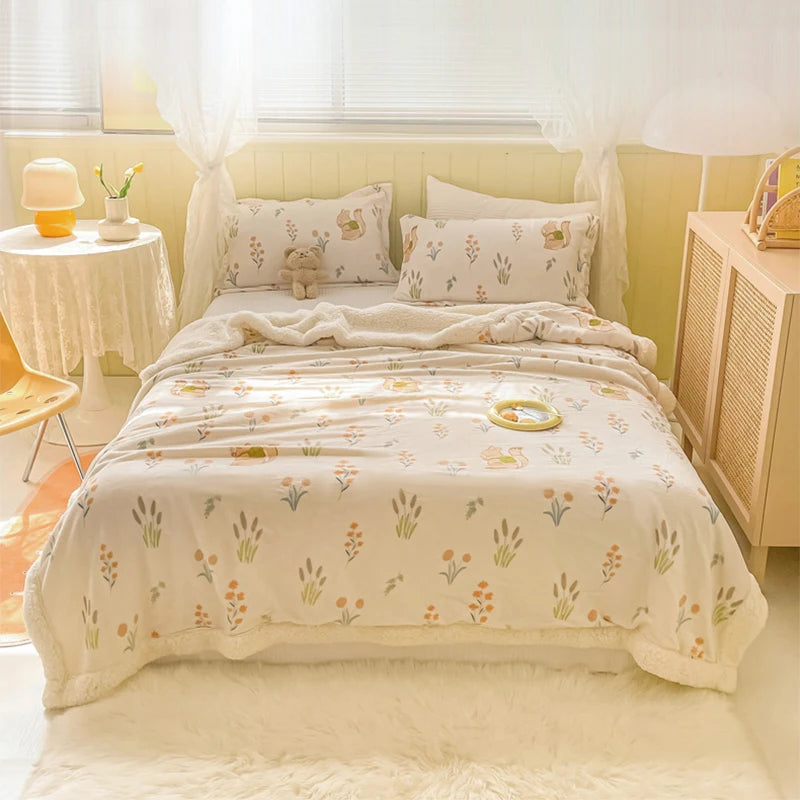 Spring and Autumn Milk Velvet Blanket  Lamb Cashmere Flannel Cartoon Blanket Bed Single Student Dormitory Coral Velvet Quilt