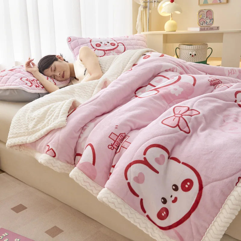 Winter Thick Three-Layer Quilted Blanket Milk Flannel Multifunctional Warm Blankets for Home Cartoon Printed Single Sofa Cover