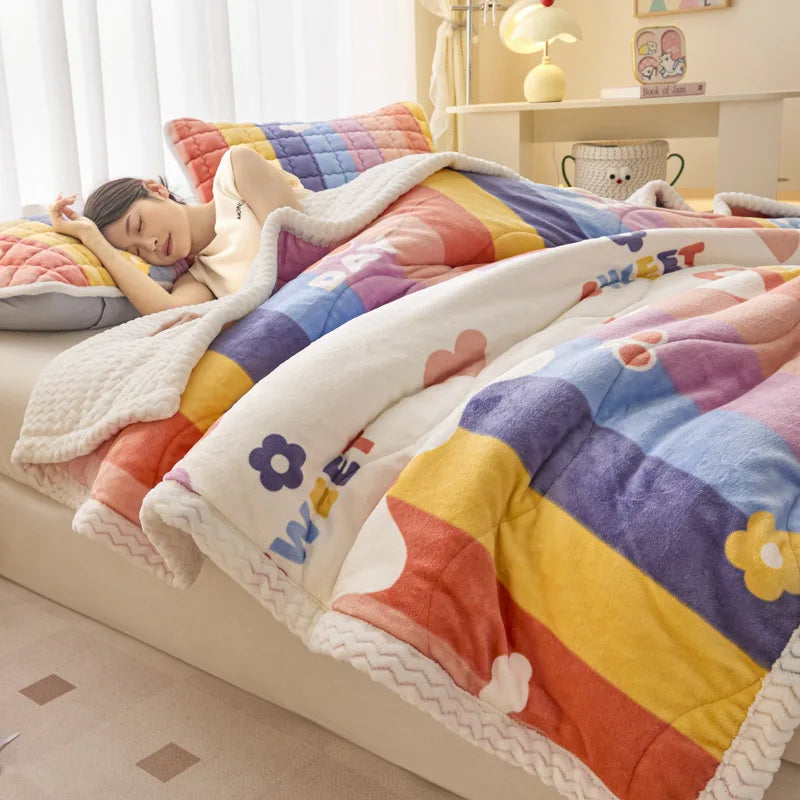 Winter Thick Three-Layer Quilted Blanket Milk Flannel Multifunctional Warm Blankets for Home Cartoon Printed Single Sofa Cover