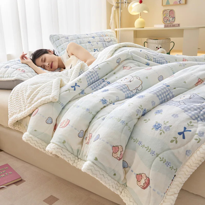 Winter Thick Three-Layer Quilted Blanket Milk Flannel Multifunctional Warm Blankets for Home Cartoon Printed Single Sofa Cover
