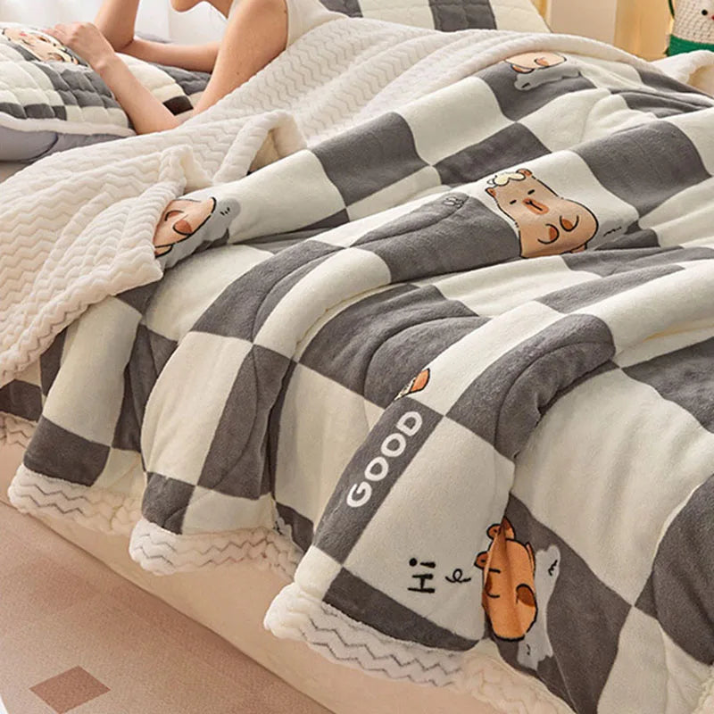 Winter Thick Three-Layer Quilted Blanket Milk Flannel Multifunctional Warm Blankets for Home Cartoon Printed Single Sofa Cover